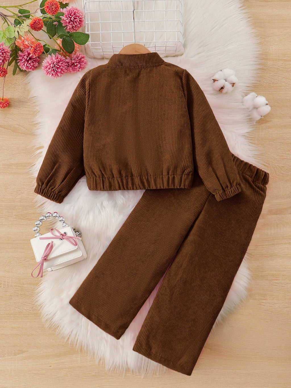 Girls Solid Color Corduroy Jacket And Pants Set