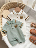 2-Piece Newborn Baby Boys' Embroidered Bear Short-Sleeve Polo Romper Set - Mint Green