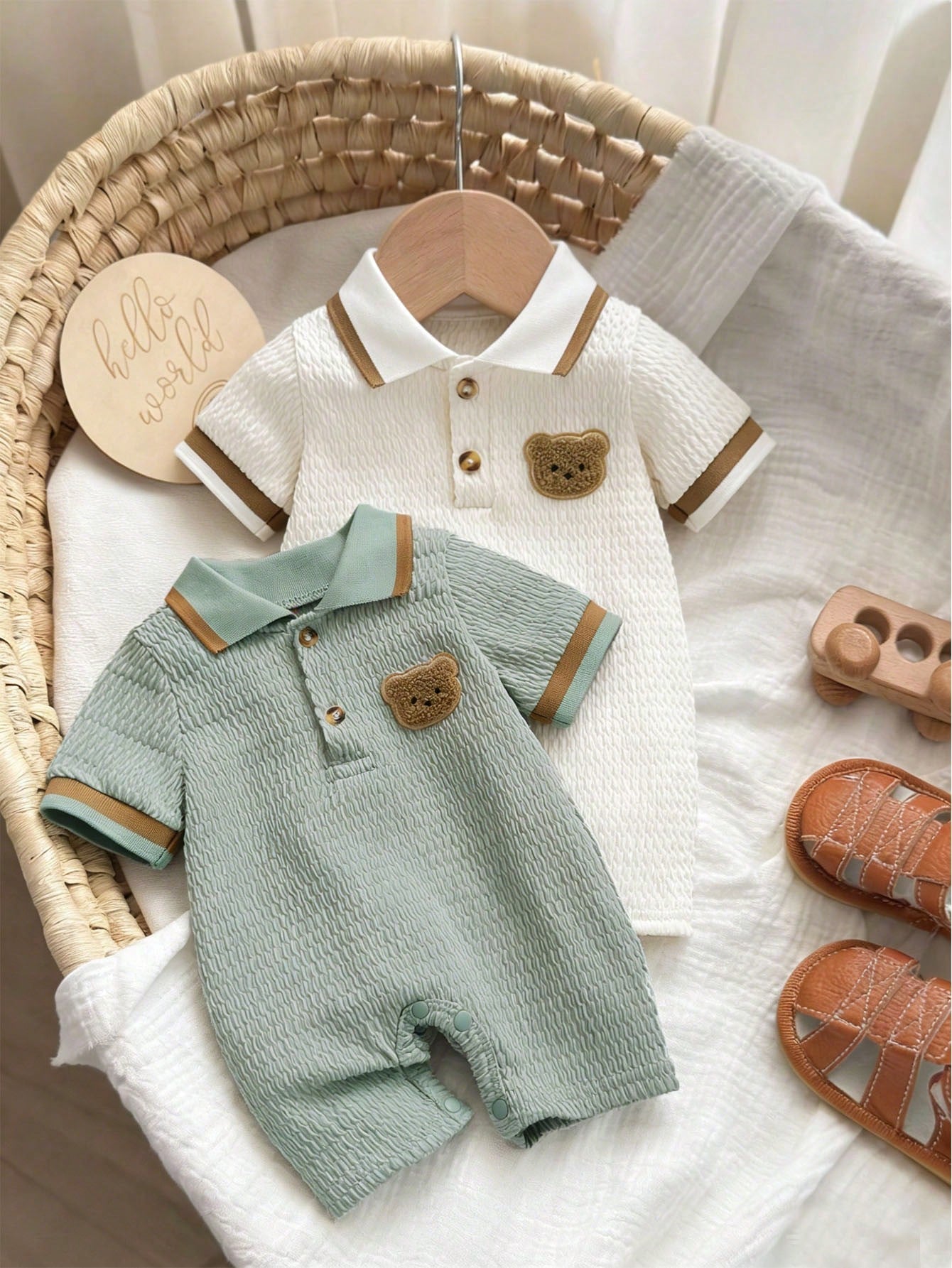2-Piece Newborn Baby Boys' Embroidered Bear Short-Sleeve Polo Romper Set - Mint Green