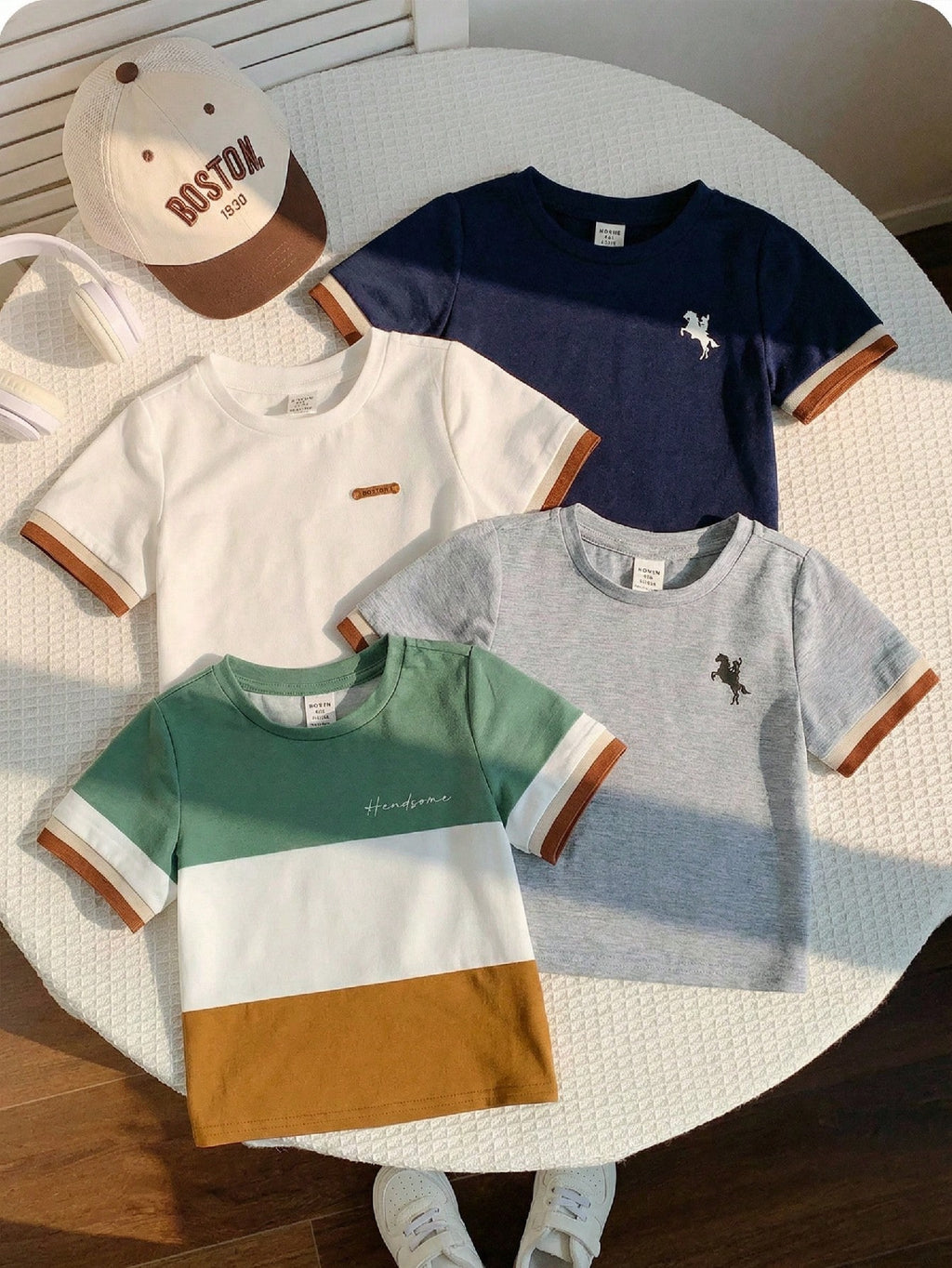 Colorblock Cuff Short Sleeve T-Shirts 4 Pieces Set Khaki