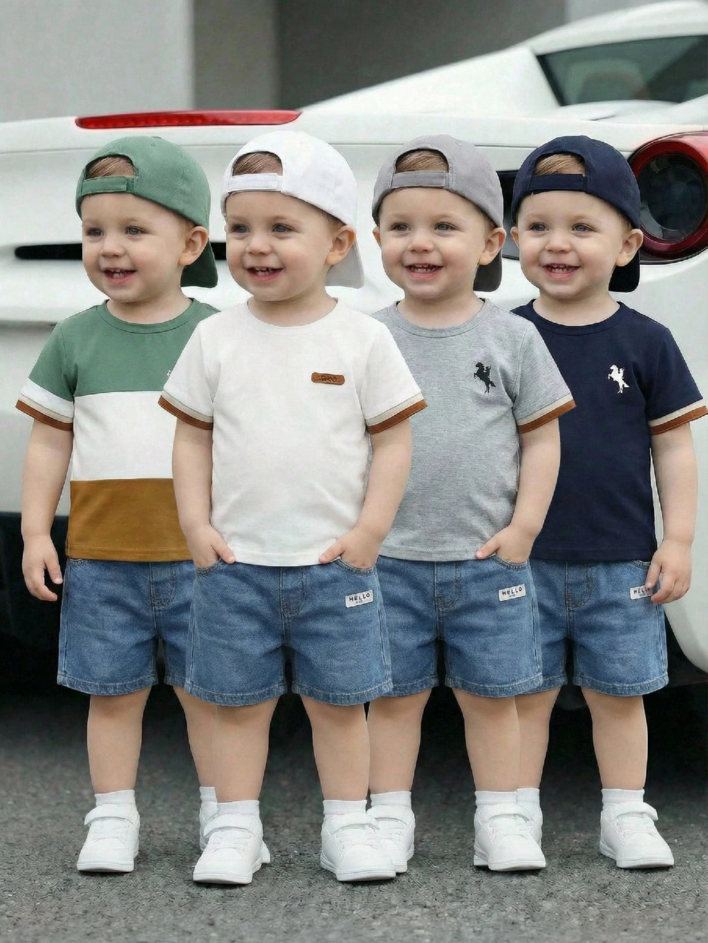 Colorblock Cuff Short Sleeve T-Shirts 4 Pieces Set Khaki