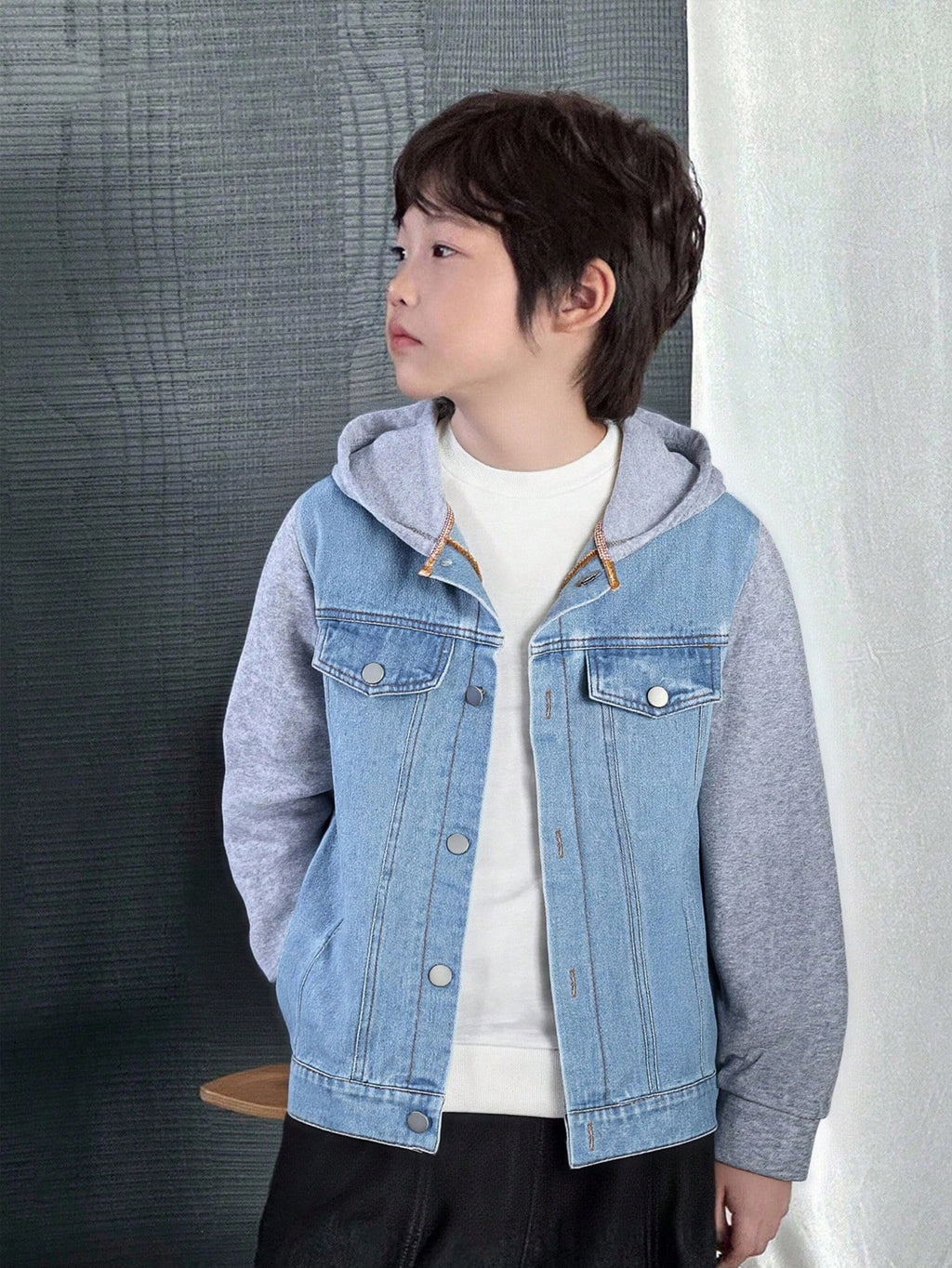 Veste Garçon Jean Capuche Patchwork Streetwear