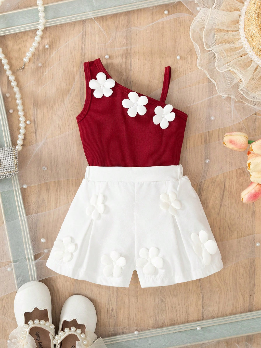 Baby Girl 3D Floral Vest & Shorts Set Red Burgundy