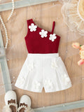 Baby Girl 3D Floral Vest & Shorts Set Red Burgundy