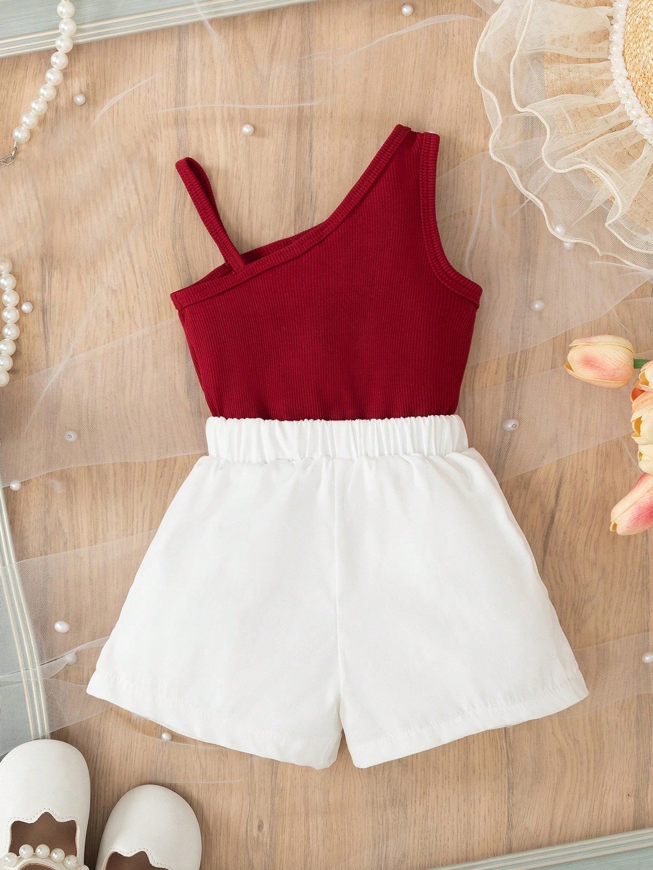 Baby Girl 3D Floral Vest & Shorts Set Red Burgundy