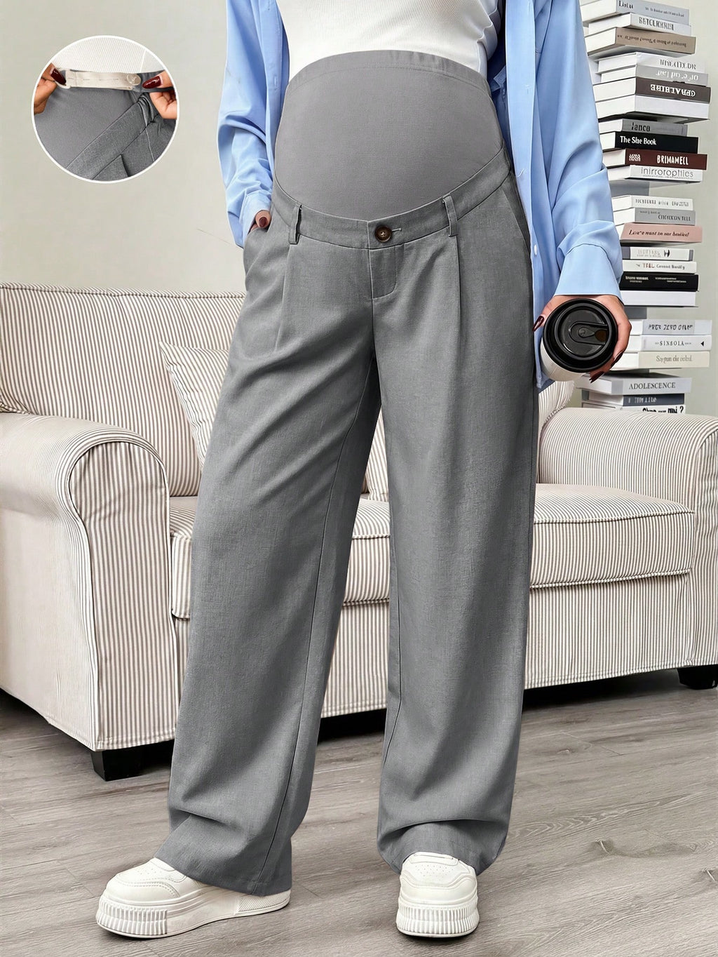 Maternity Solid Color Pleated Loose Adjustable Pants Light Grey