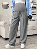Maternity Solid Color Pleated Loose Adjustable Pants Light Grey