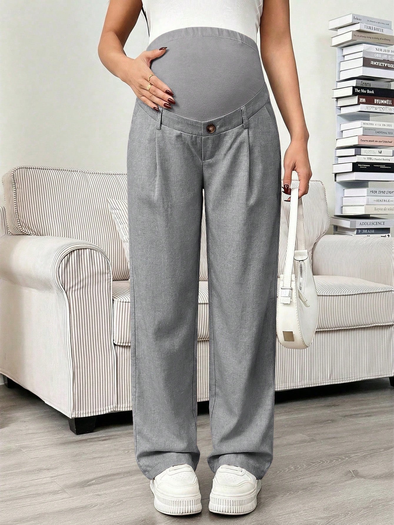 Maternity Solid Color Pleated Loose Adjustable Pants Light Grey