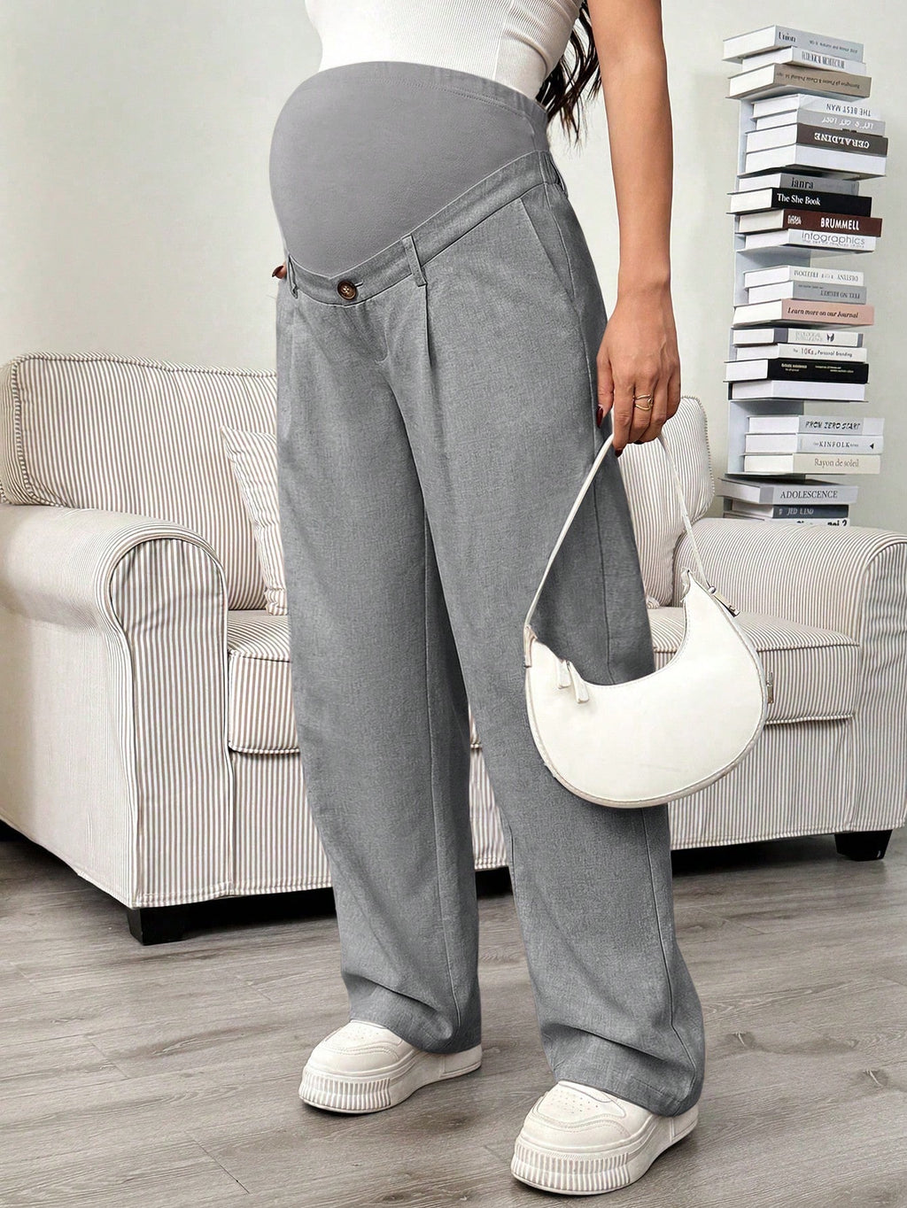 Maternity Solid Color Pleated Loose Adjustable Pants Light Grey