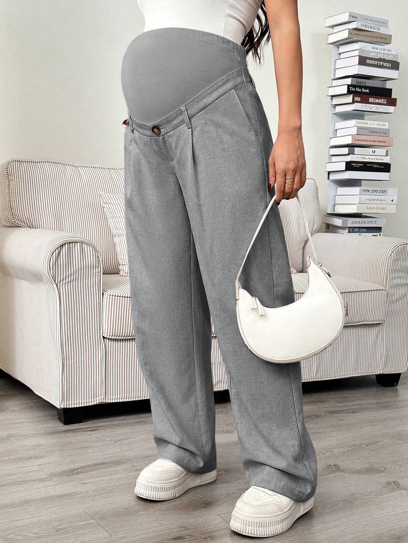 Maternity Solid Color Pleated Loose Adjustable Pants Light Grey
