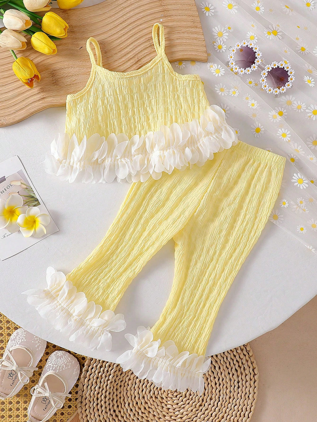 Ensemble 2 pièces bébé fille : Camisole sans manches à nœud et Pantalon fleuri jaune