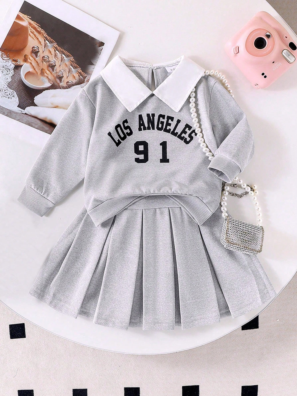 Young Girl Letter Print Collared Sweatshirt Pleated Skirt 2 Piece Set