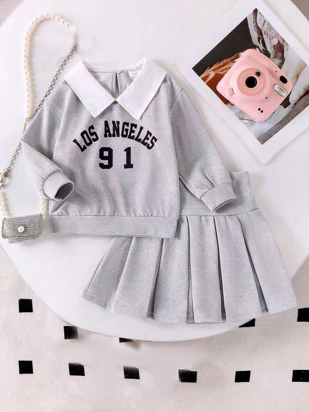 Young Girl Letter Print Collared Sweatshirt Pleated Skirt 2 Piece Set