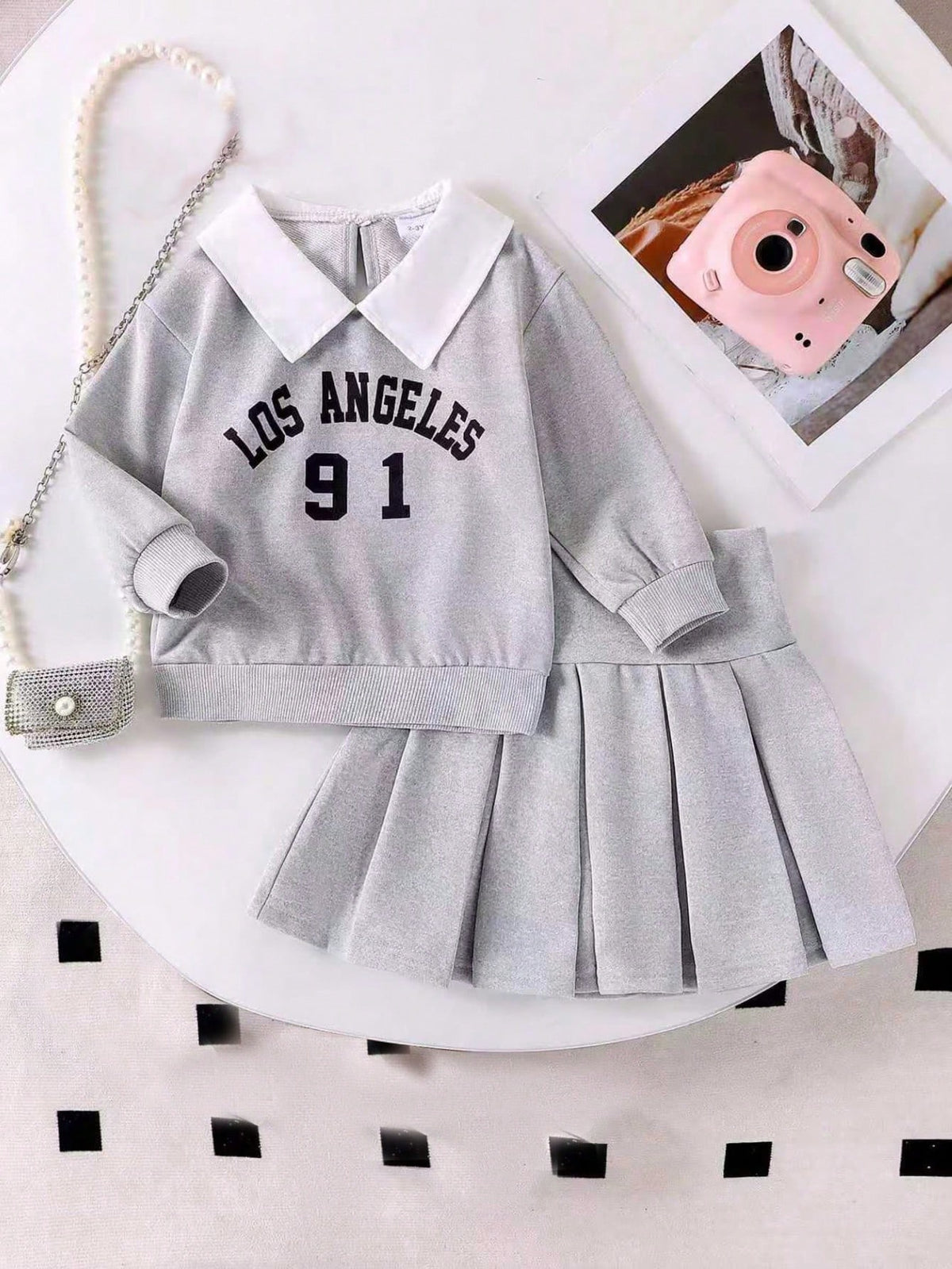 Young Girl Letter Print Collared Sweatshirt Pleated Skirt 2 Piece Set