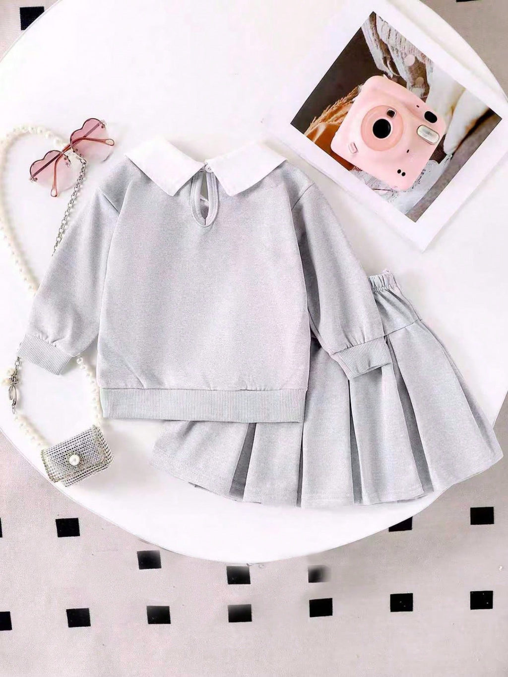 Young Girl Letter Print Collared Sweatshirt Pleated Skirt 2 Piece Set