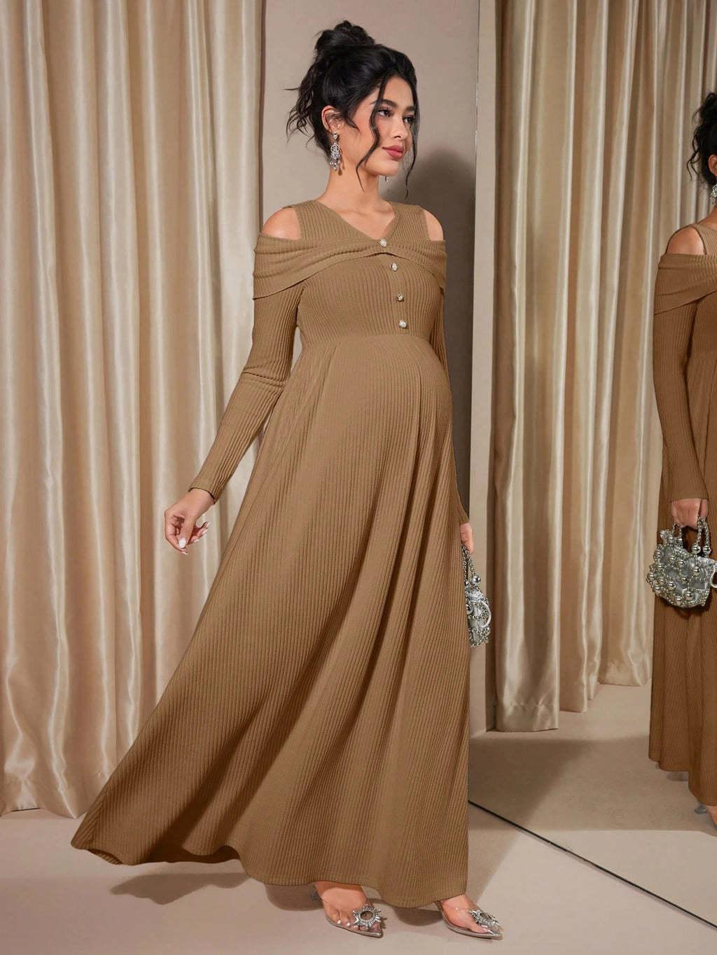 Momance Raglan Sleeve Rib-Knit A-Line Maternity Dress