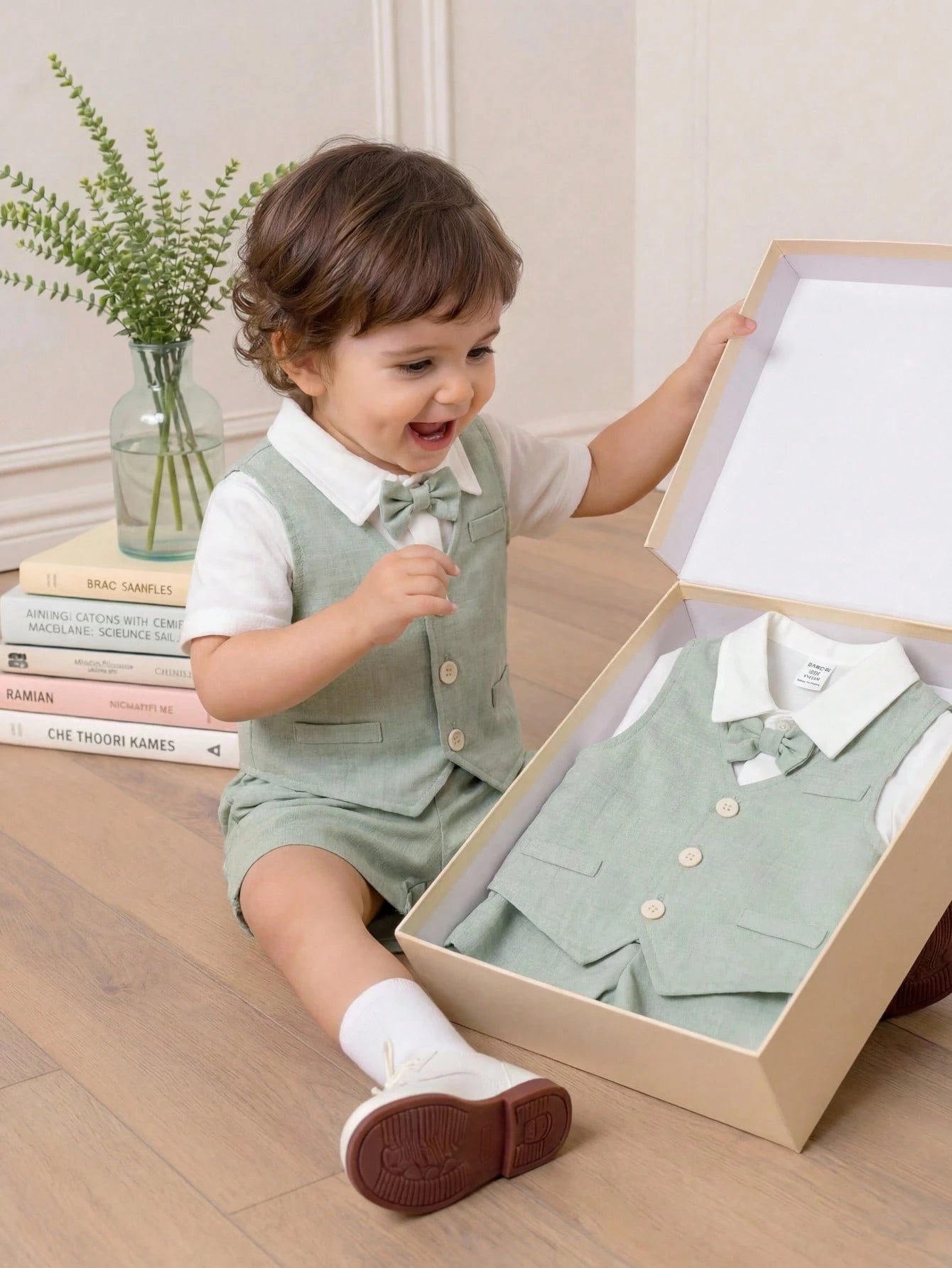 Ensemble trois pièces de costume de gentleman d'été SHEIN pour bébé garçon, vert sauge et bleu