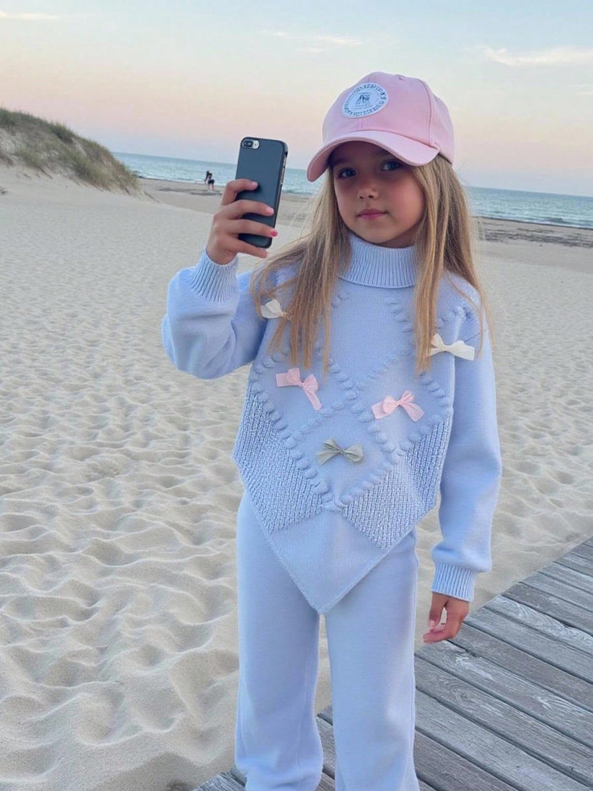 Ensemble 2 pièces pour jeune fille : pull en tricot à nœud floral et pantalon large