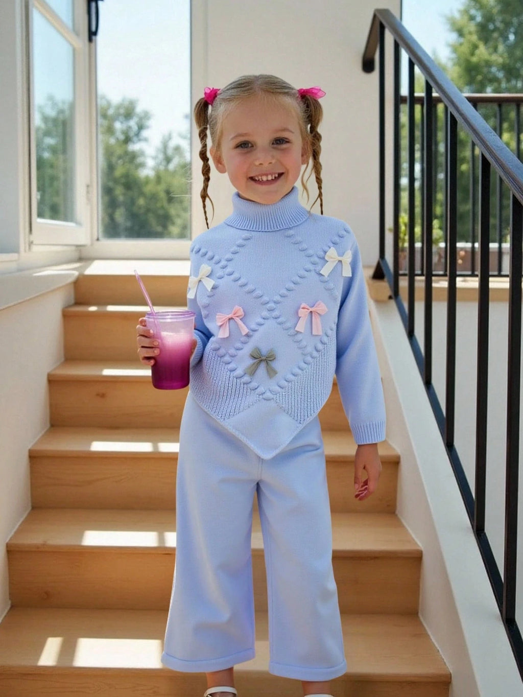 Ensemble 2 pièces pour jeune fille : pull en tricot à nœud floral et pantalon large