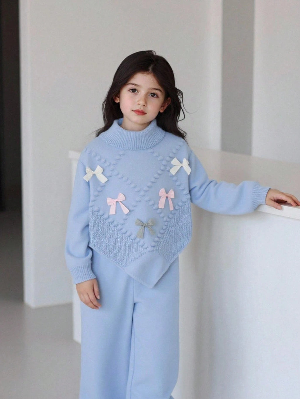 Ensemble 2 pièces pour jeune fille : pull en tricot à nœud floral et pantalon large