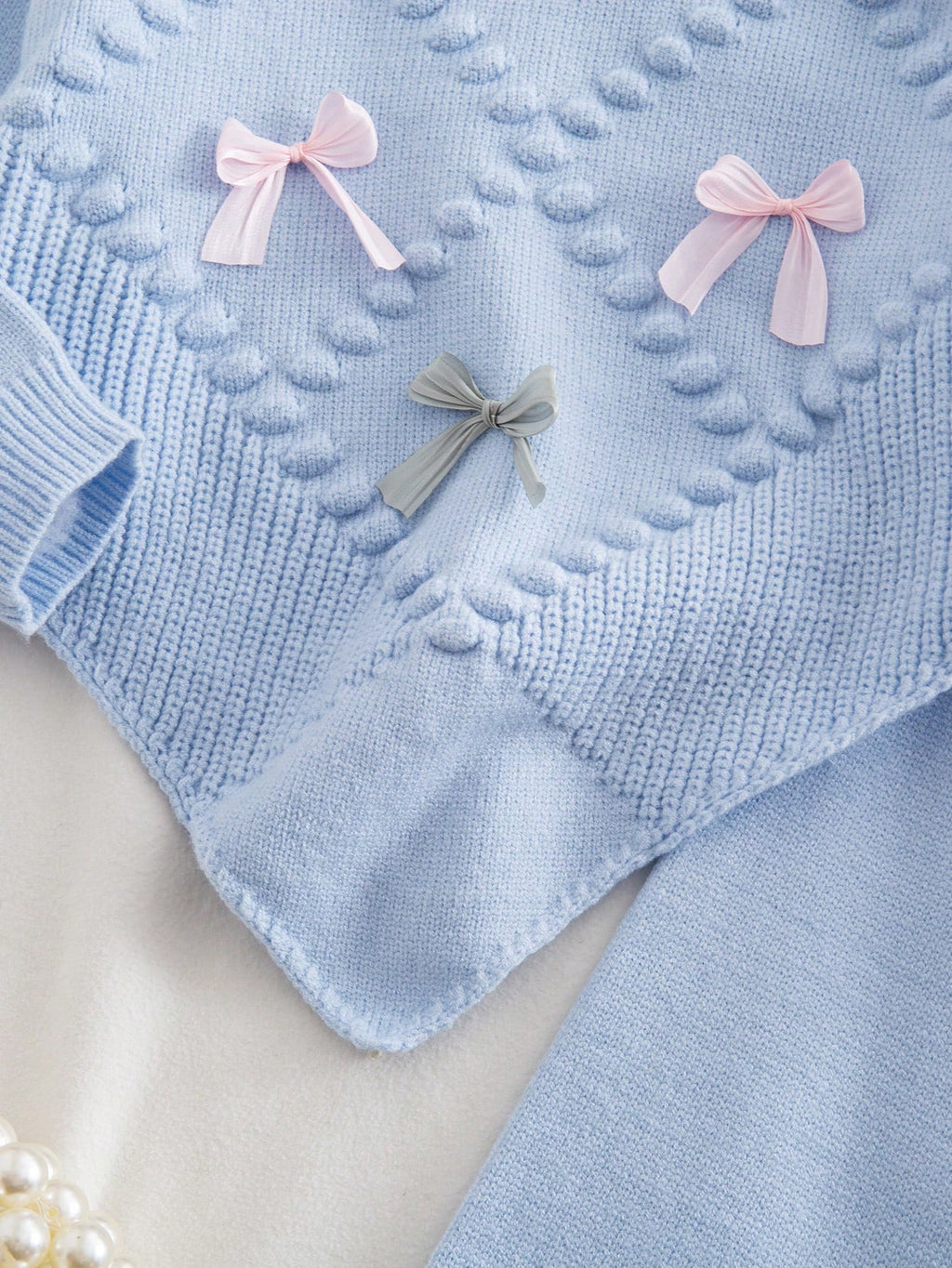Ensemble 2 pièces pour jeune fille : pull en tricot à nœud floral et pantalon large