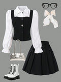 SHEIN Girls' Shirt Collar Patchwork Plaid College Style Button-Up Puff Long Sleeve Top With Elastic Waist Pleated Skirt, Suitable For Spring And Autumn School, Commute, Travel, Walking, Shopping, Can Be Paired With Coat, Jacket, Blazer Black and White