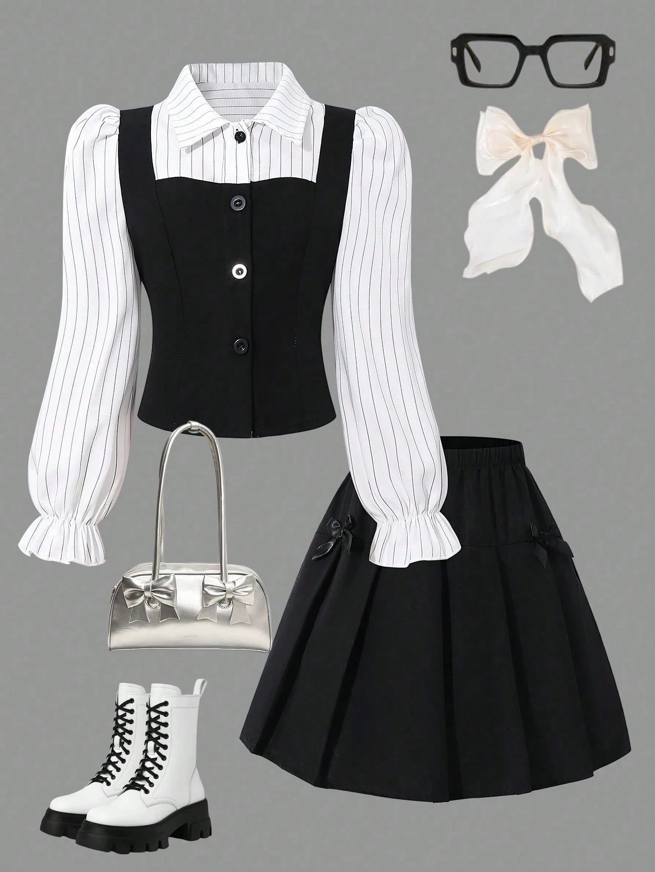SHEIN Girls' Shirt Collar Patchwork Plaid College Style Button-Up Puff Long Sleeve Top With Elastic Waist Pleated Skirt, Suitable For Spring And Autumn School, Commute, Travel, Walking, Shopping, Can Be Paired With Coat, Jacket, Blazer Black and White