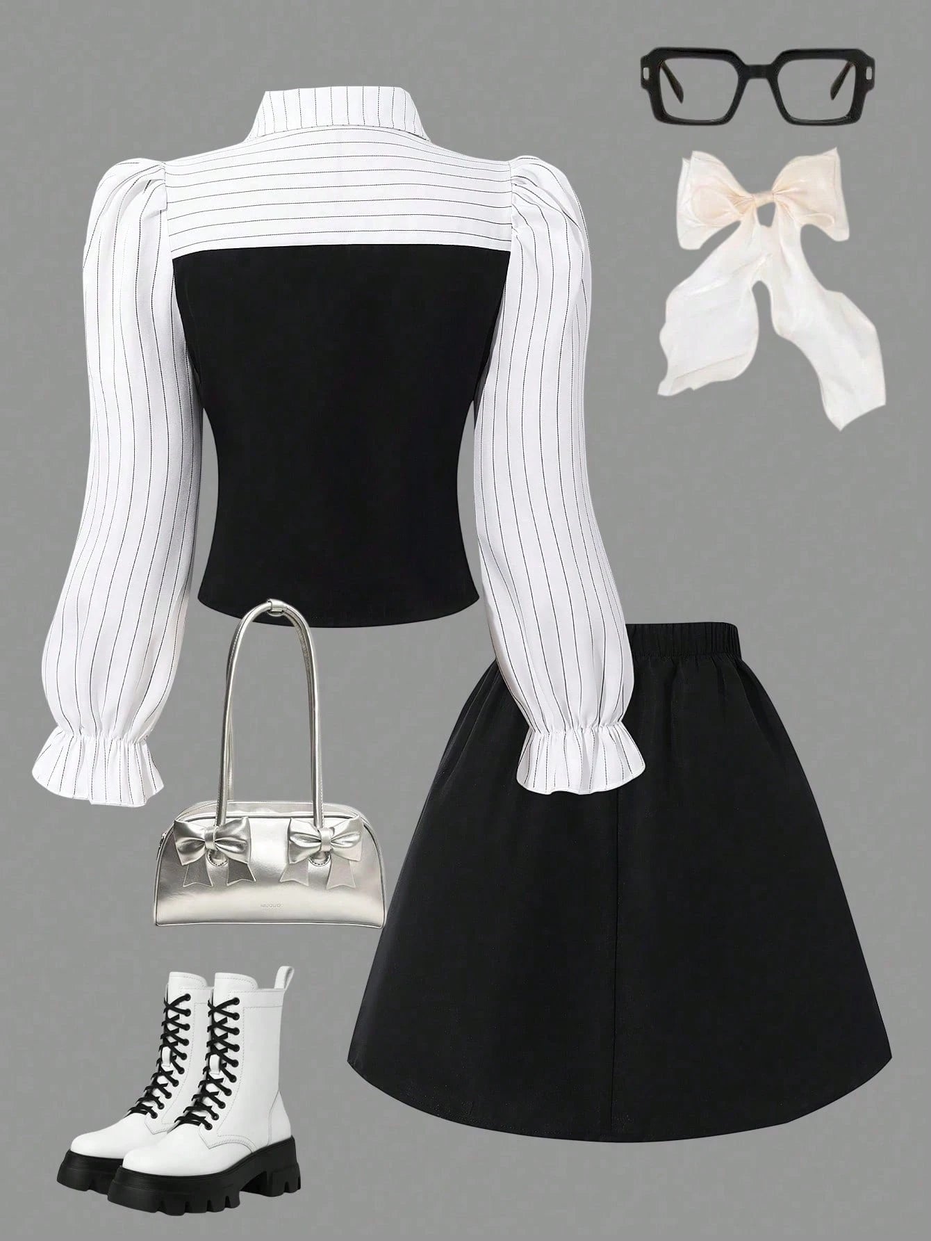 SHEIN Girls' Shirt Collar Patchwork Plaid College Style Button-Up Puff Long Sleeve Top With Elastic Waist Pleated Skirt, Suitable For Spring And Autumn School, Commute, Travel, Walking, Shopping, Can Be Paired With Coat, Jacket, Blazer Black and White