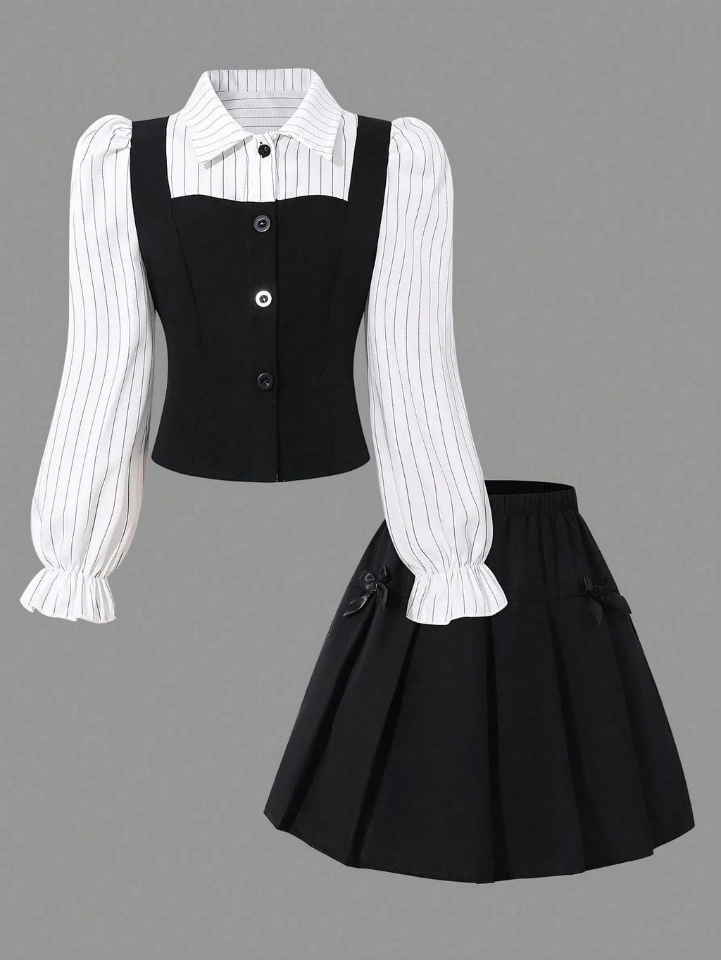 SHEIN Girls' Shirt Collar Patchwork Plaid College Style Button-Up Puff Long Sleeve Top With Elastic Waist Pleated Skirt, Suitable For Spring And Autumn School, Commute, Travel, Walking, Shopping, Can Be Paired With Coat, Jacket, Blazer Black and White