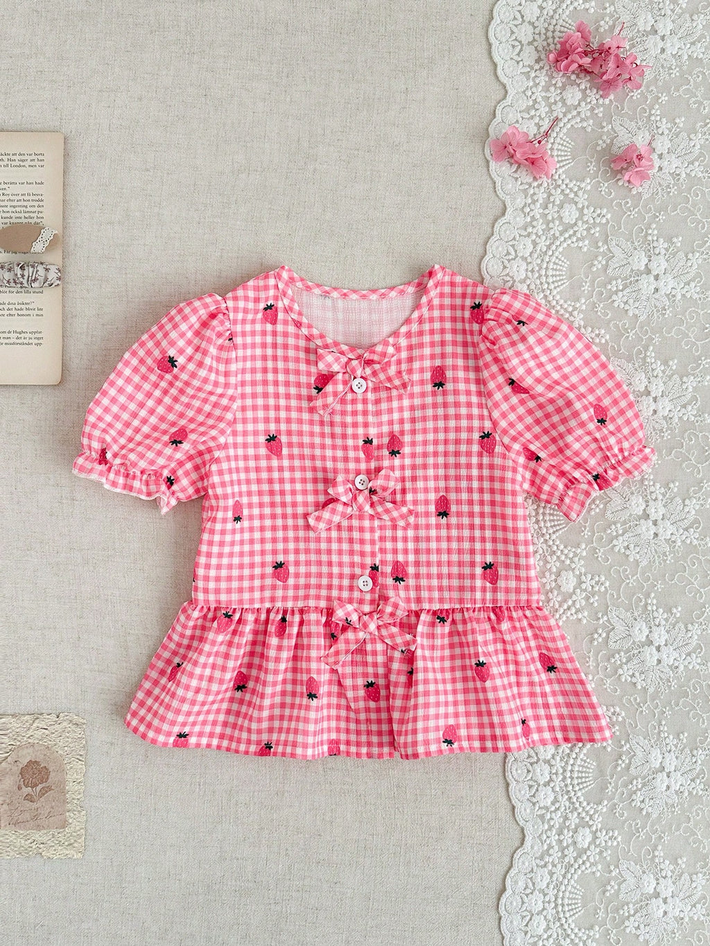 Girls' Pink Puff Sleeve Blouse with Bow Detail