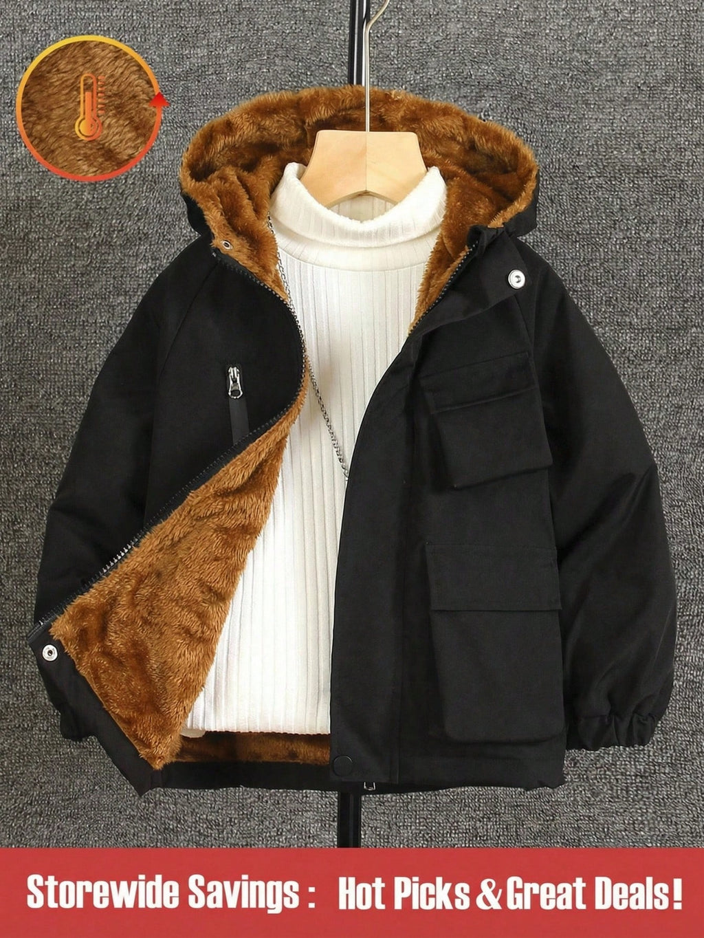 Boys' Black Hooded Fleece Jacket