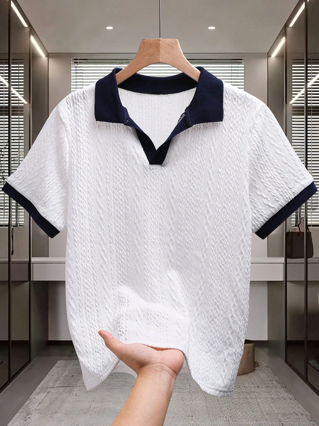 Polo Garçon Marine Blanc Col Texturé