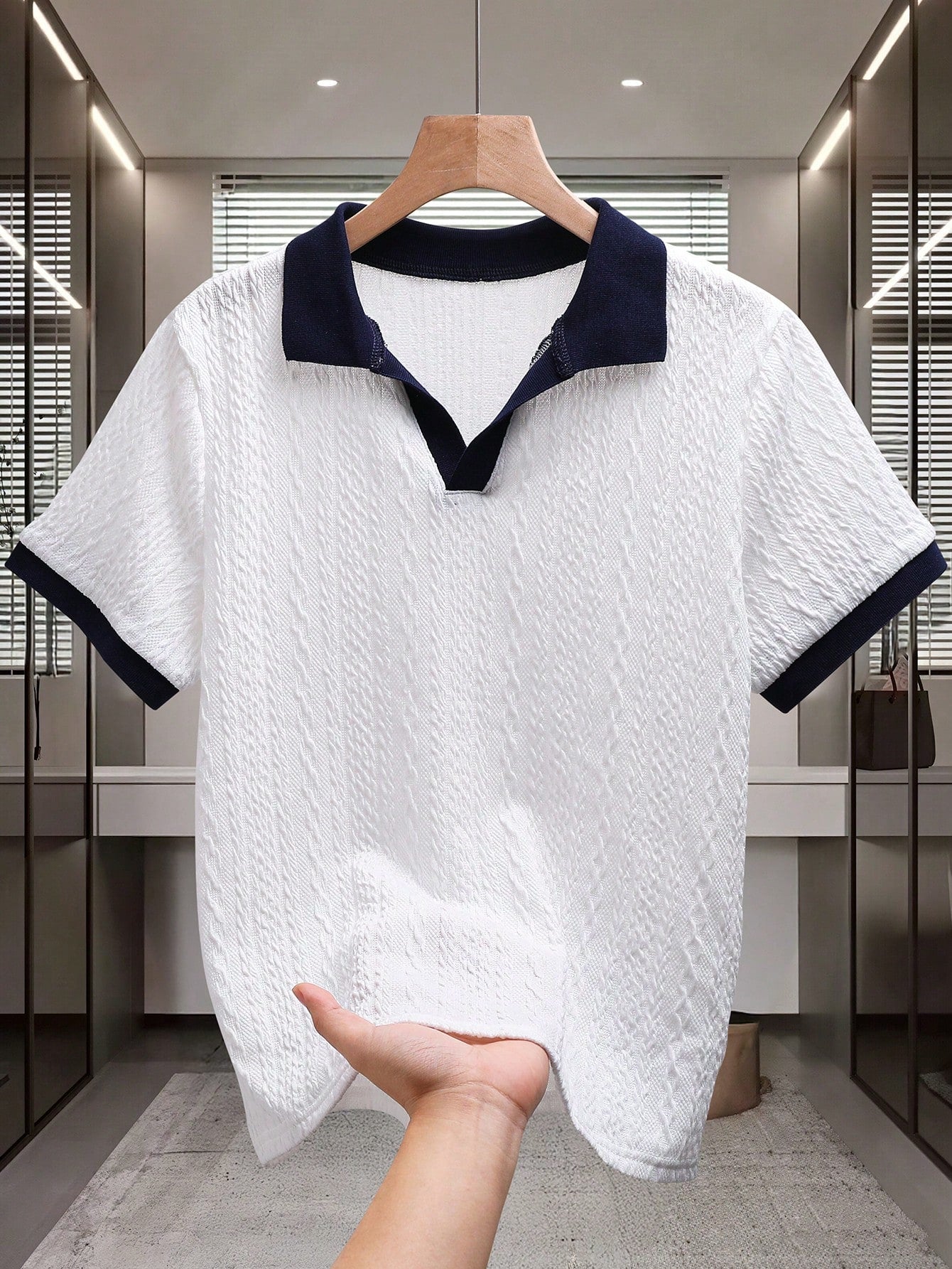 Polo Garçon Marine Blanc Col Texturé