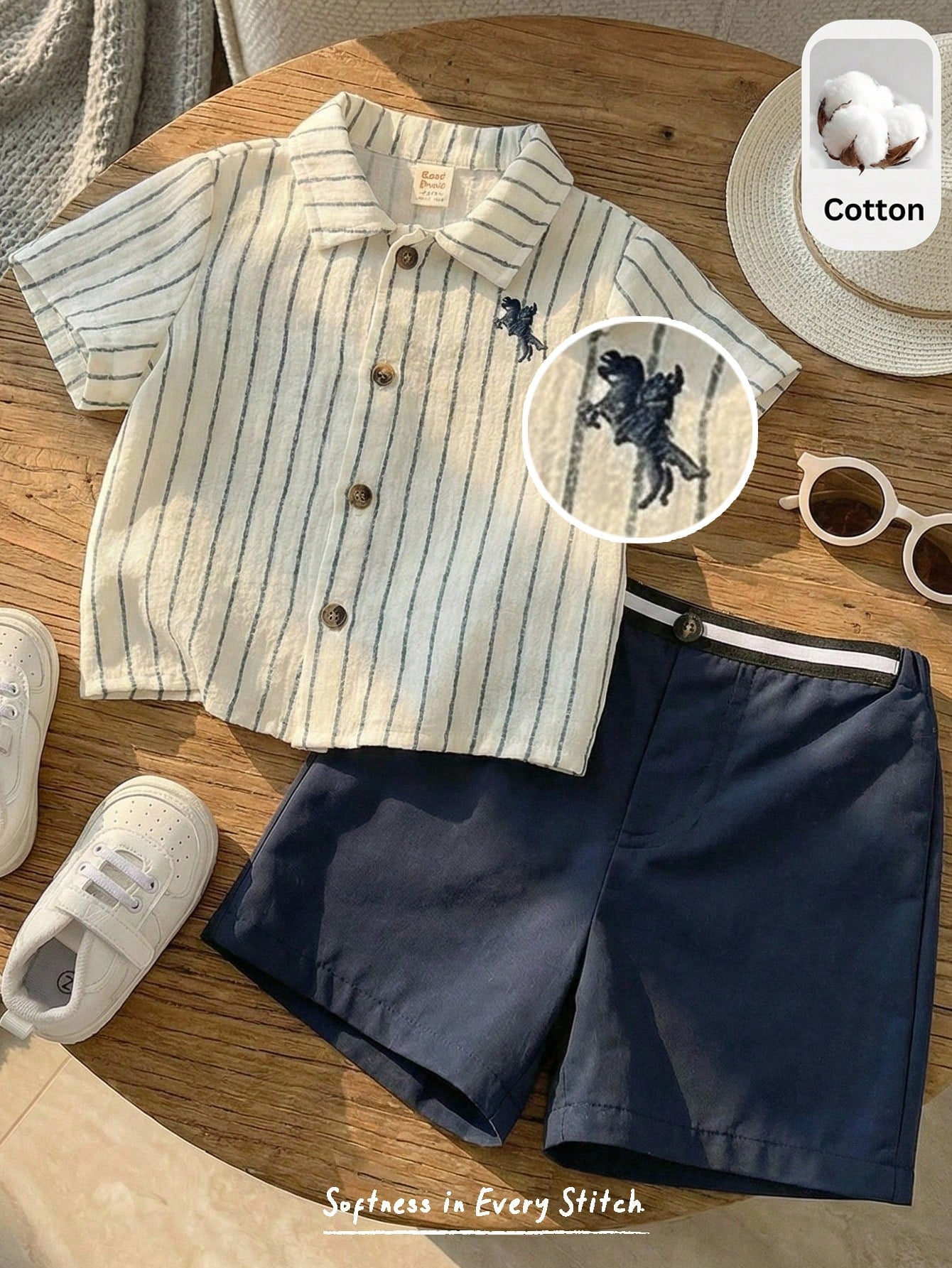 Ensemble 2 pièces chemise et short à rayures avec broderie cheval Bambinoo x Cozy Pixies pour bébé garçon