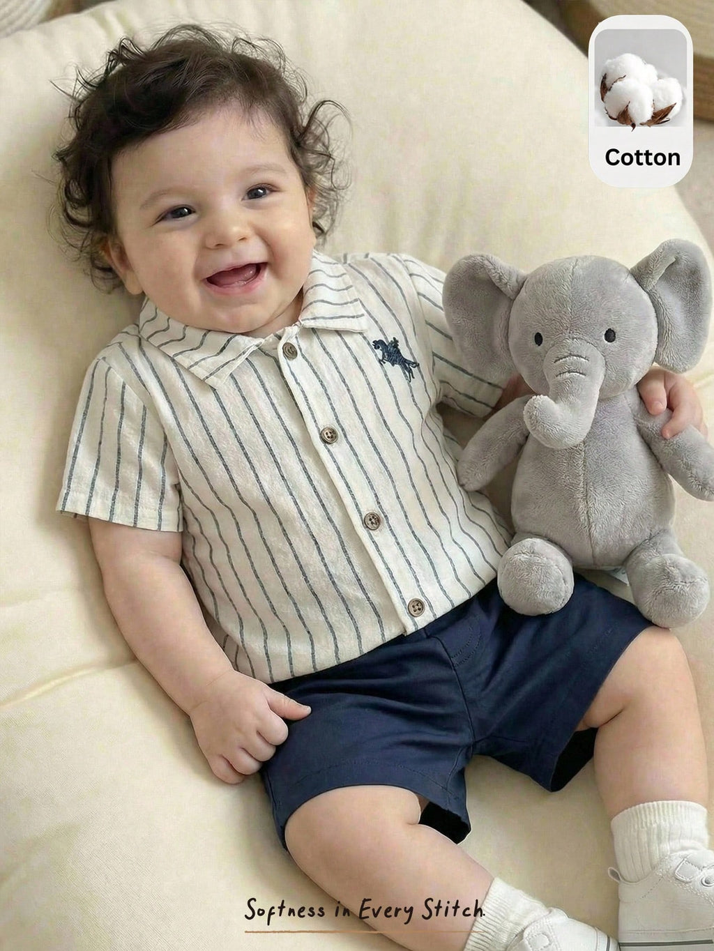 Bambinoo x Cozy Pixies Baby Boy Striped Horse Embroidery Shirt & Shorts 2-Piece Set