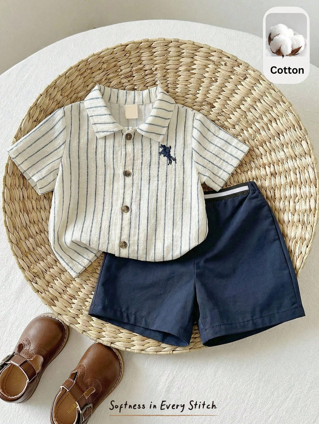 Bambinoo x Cozy Pixies Baby Boy Striped Horse Embroidery Shirt & Shorts 2-Piece Set