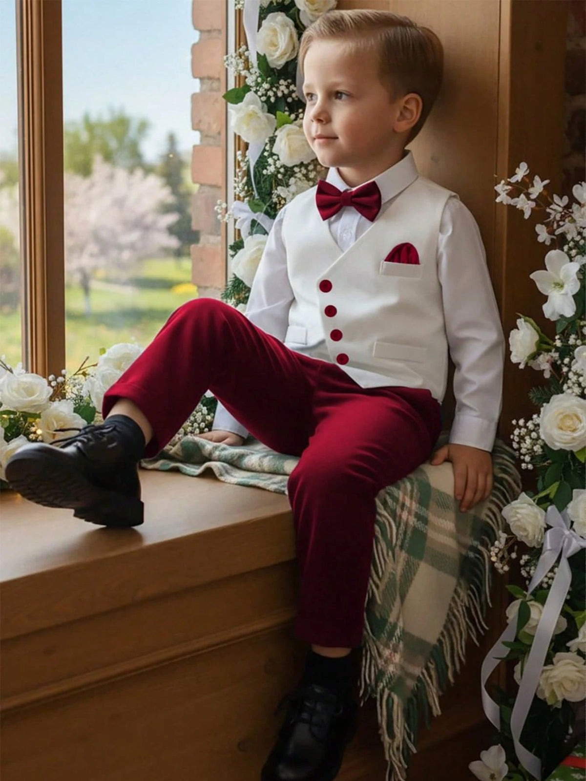 Young Boy White Shirt Vest Pants Bowknot 3 Piece Set