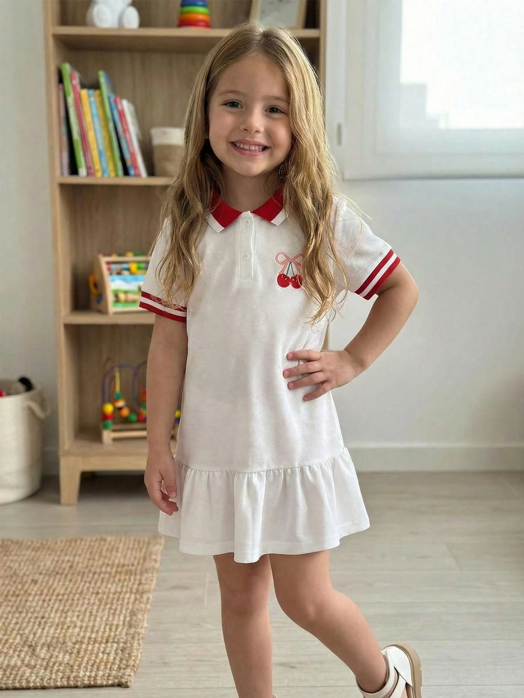 Girls' White Cherry Pattern Polo Dress