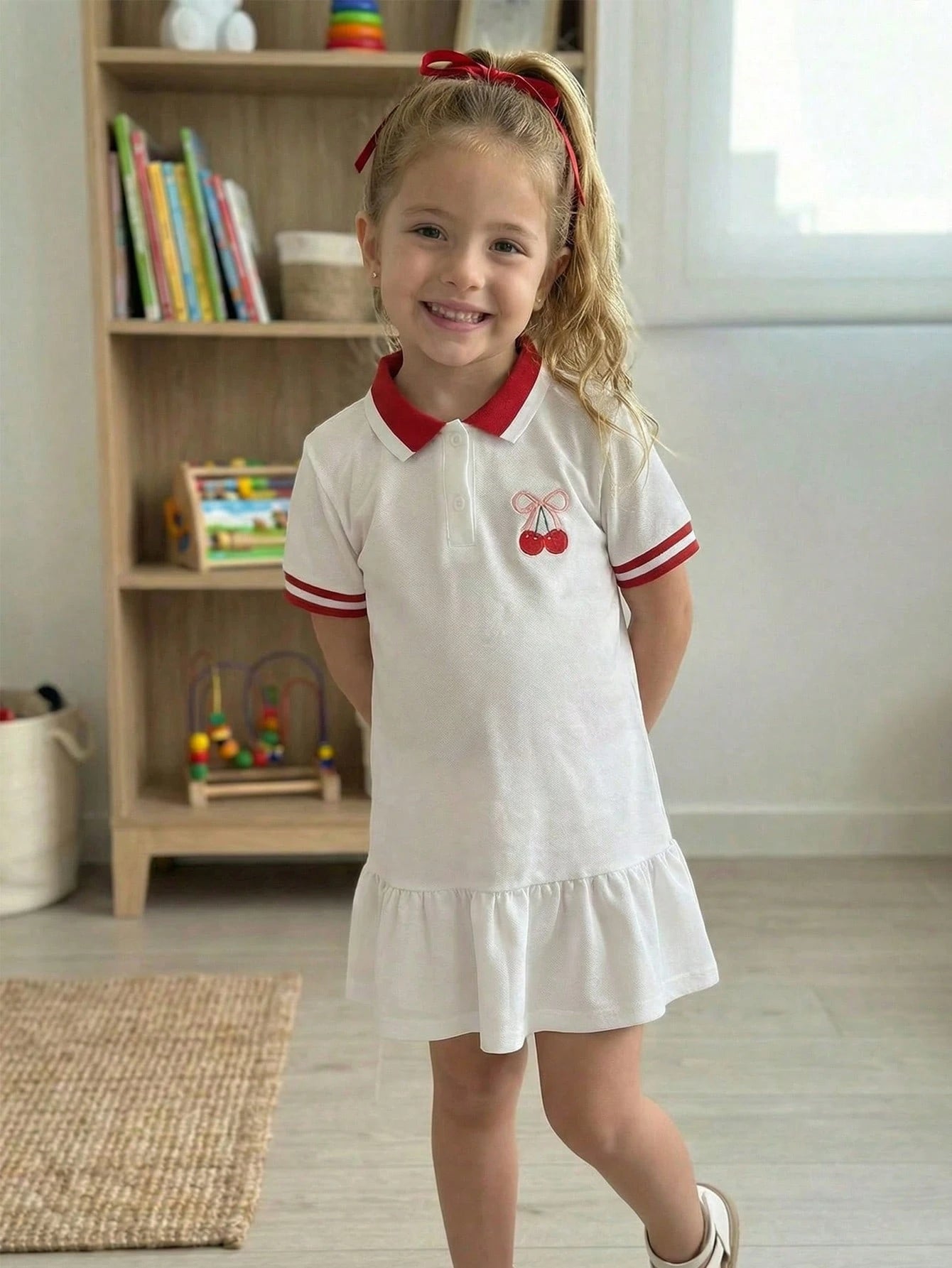 Girls' White Cherry Pattern Polo Dress
