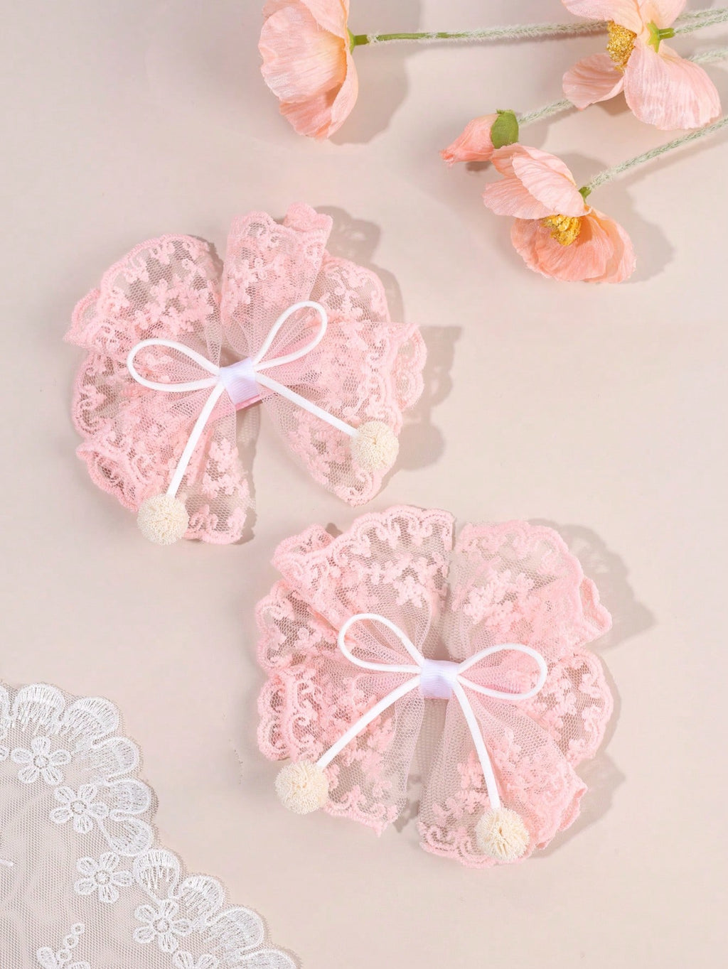 Girls' Khaki Lace Bow Hair Clips 2-Pack
