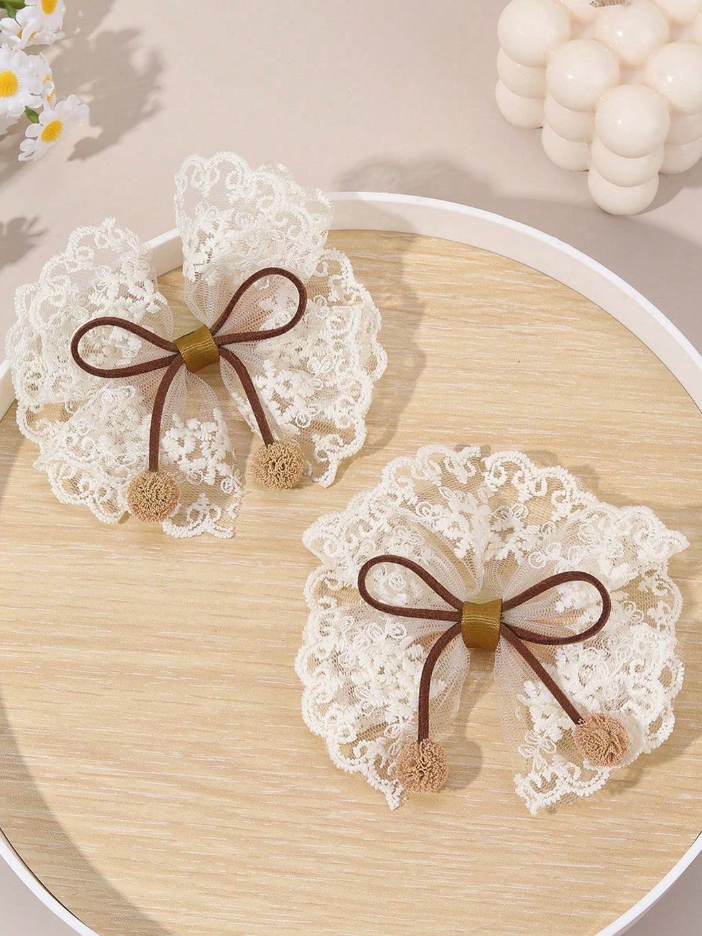Girls' Khaki Lace Bow Hair Clips 2-Pack