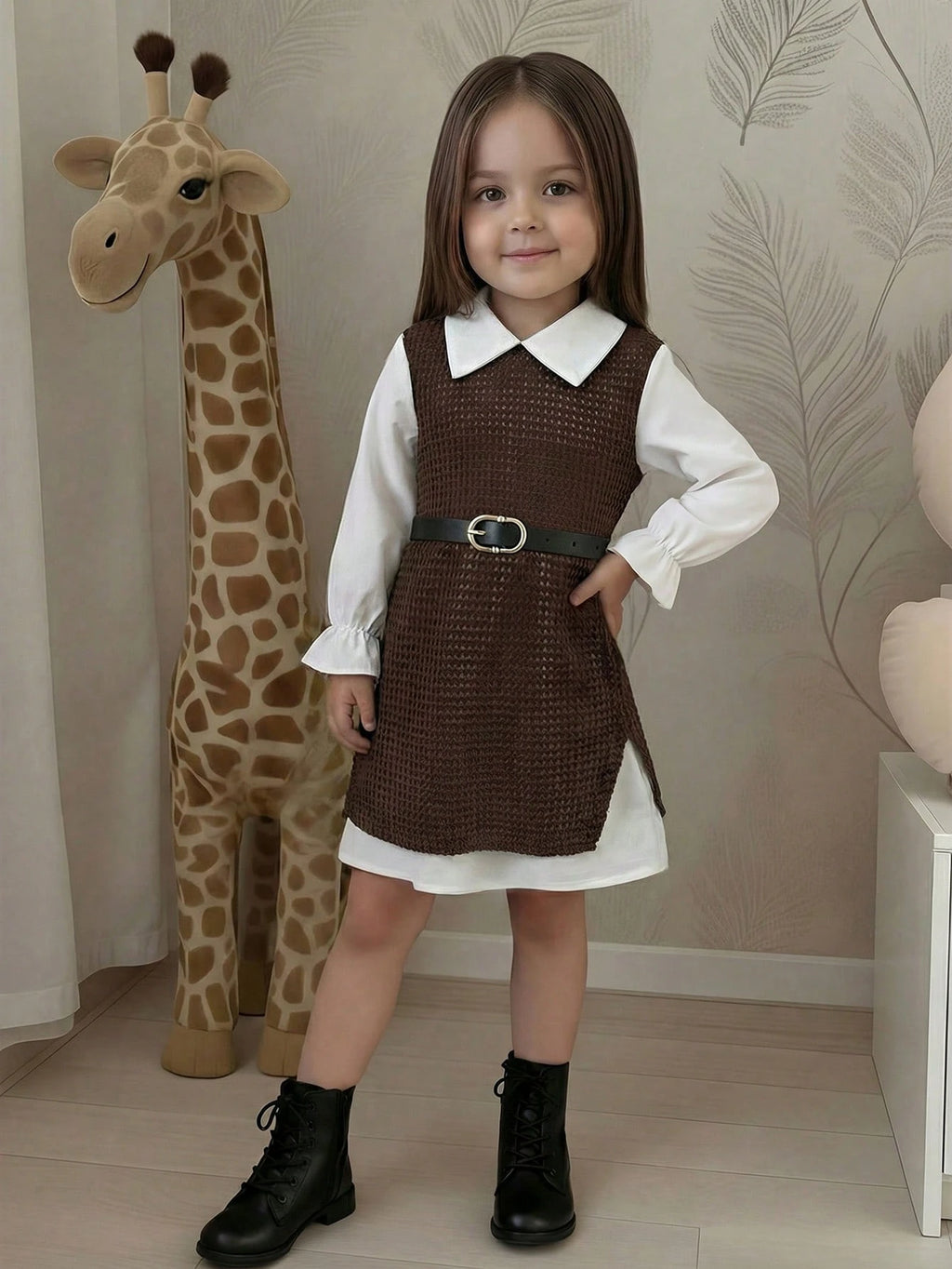 Young Girls' Cute Color Block 2 In 1 Dress Without Belt Brown