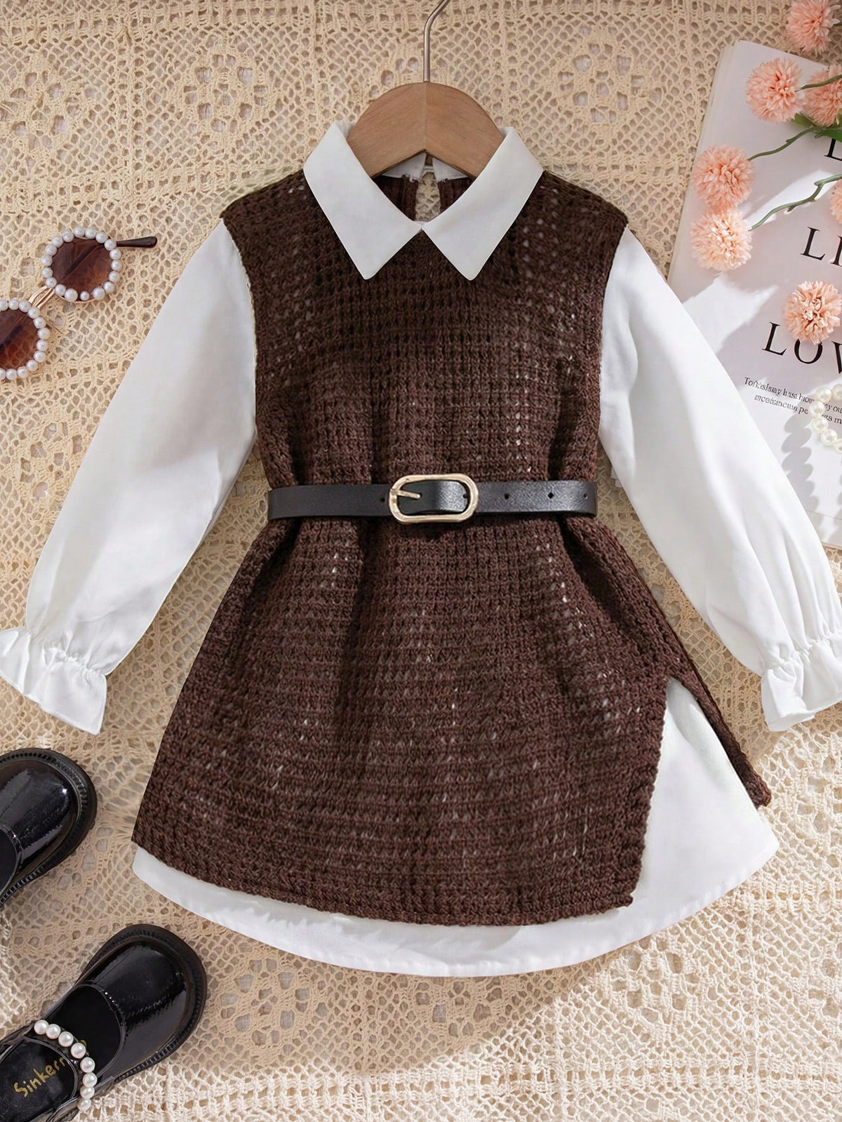 Young Girls' Cute Color Block 2 In 1 Dress Without Belt Brown