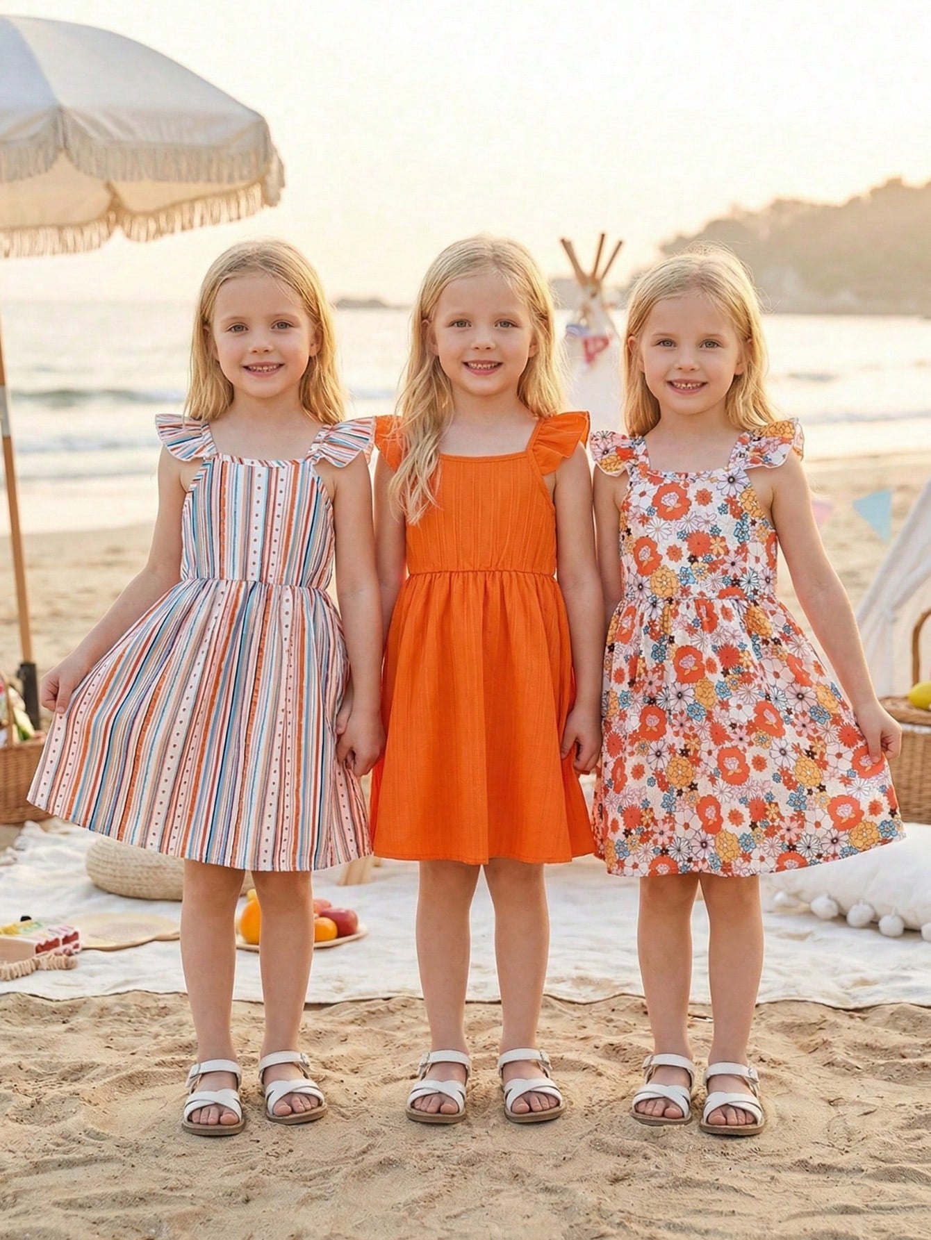 Lot de 3 Robes Fille Floral Rayé Uni Col Carré