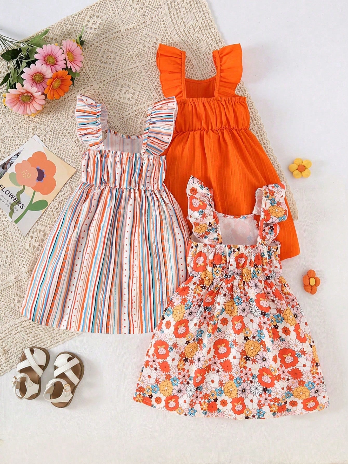 Lot de 3 Robes Fille Floral Rayé Uni Col Carré
