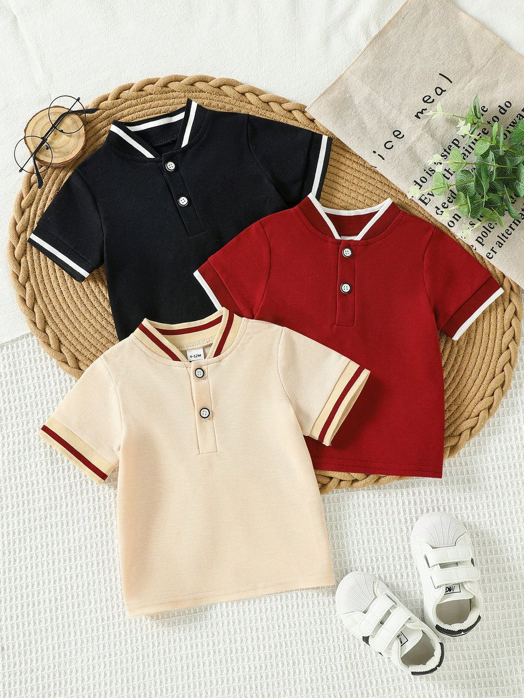 Playful Pals Beige Casual Short Sleeve Polo Shirts 3 Pieces Set Multicolor