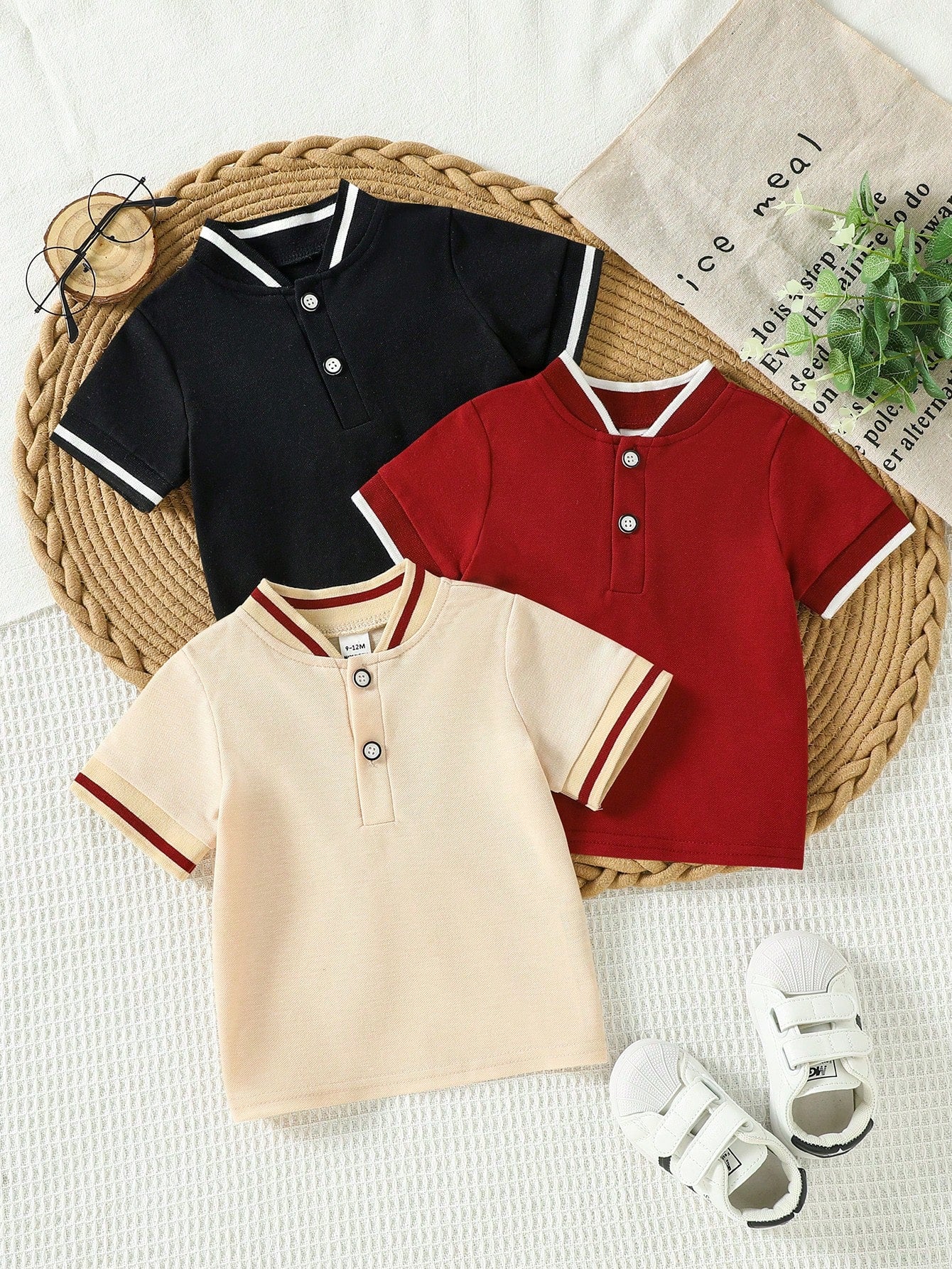 Playful Pals Beige Casual Short Sleeve Polo Shirts 3 Pieces Set Multicolor