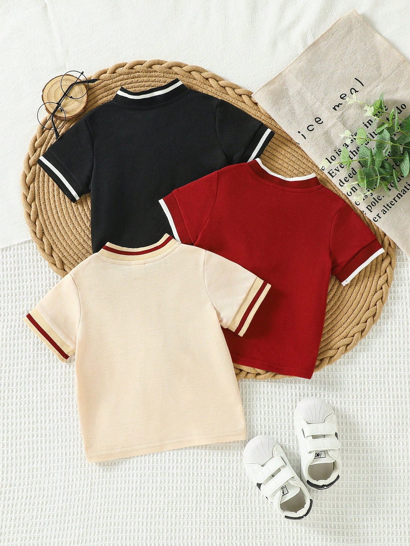 Playful Pals Beige Casual Short Sleeve Polo Shirts 3 Pieces Set Multicolor