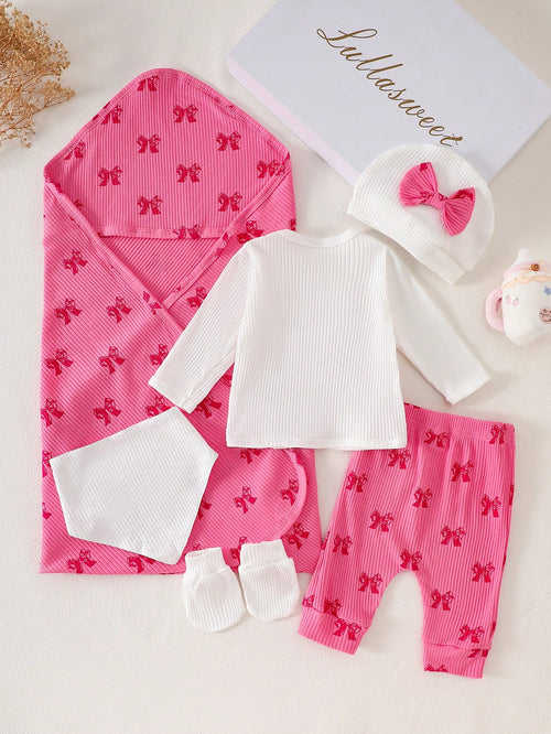 6Pcs Newborn Baby Girl Cotton Set Hot Pink