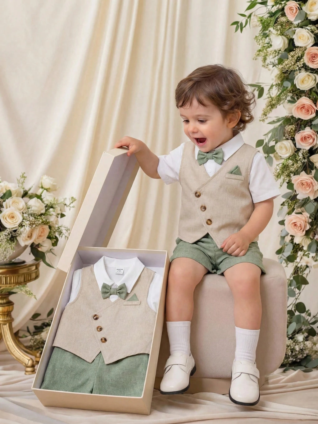 Baby Boy 3-Piece Formal Vest, Shirt & Shorts Suit Set with Bow Tie